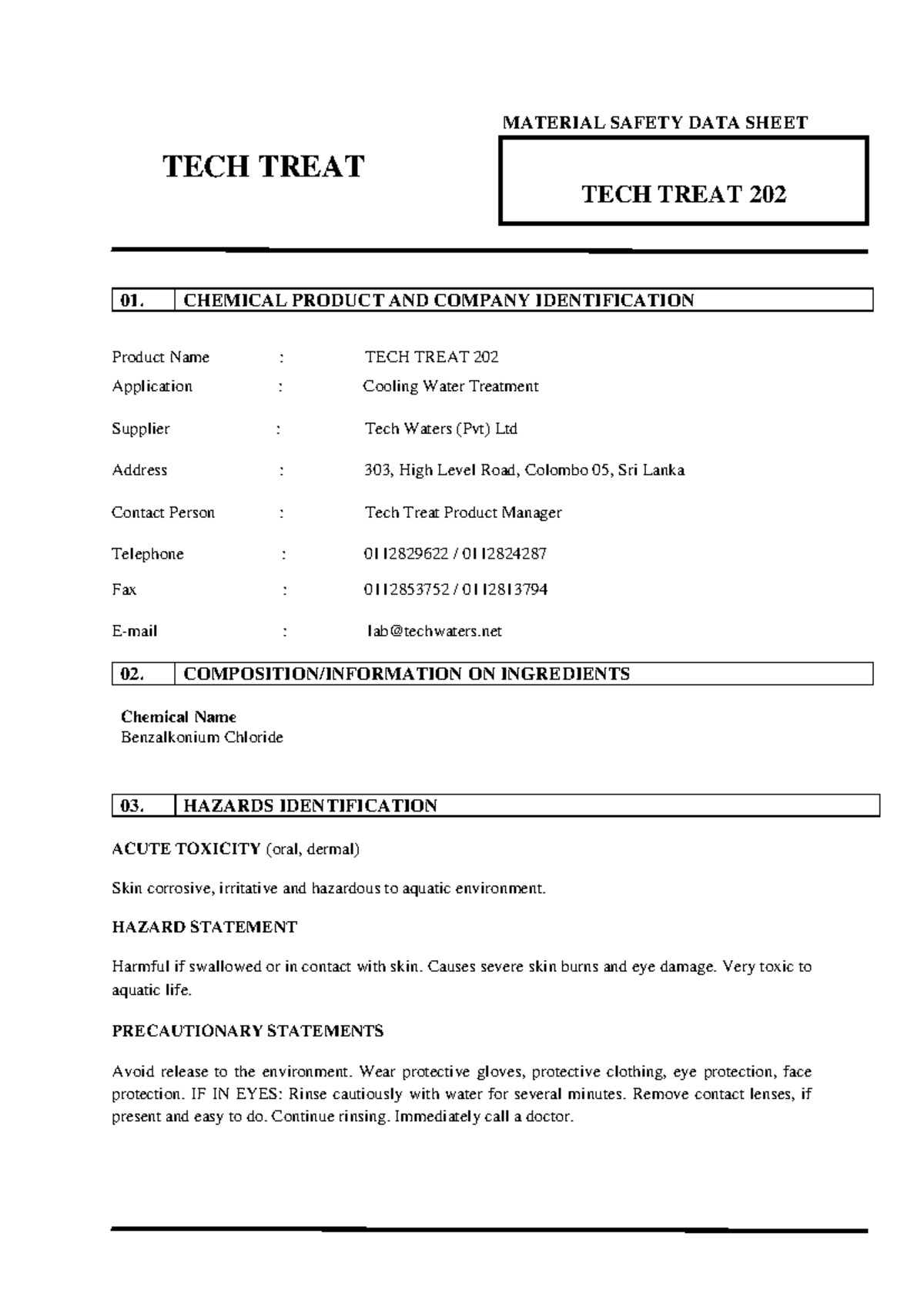 TECH TREAT 202 MSDS - Chemical Safety Data Sheet Overview - Studocu