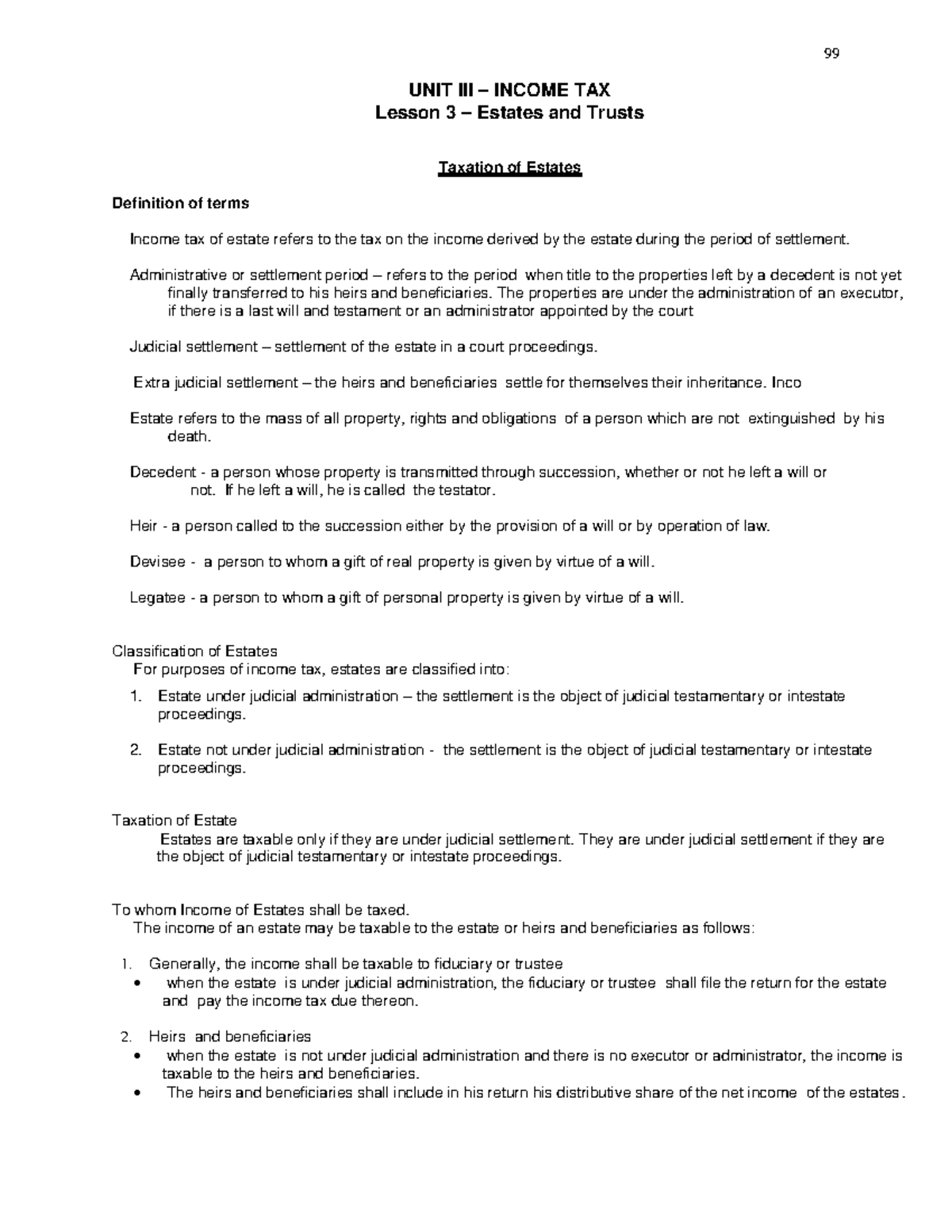 Unit III - Lesson 3: Taxation of Estates and Trusts Overview - Studocu