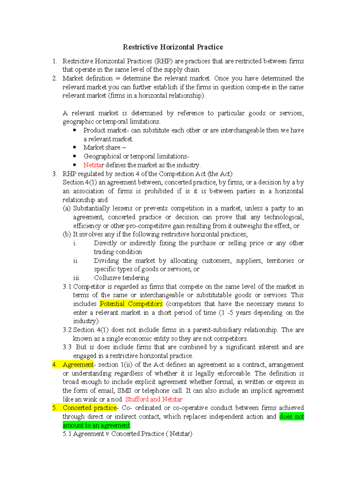 Competition Law: Notes on Restrictive Horizontal Practices - Studocu