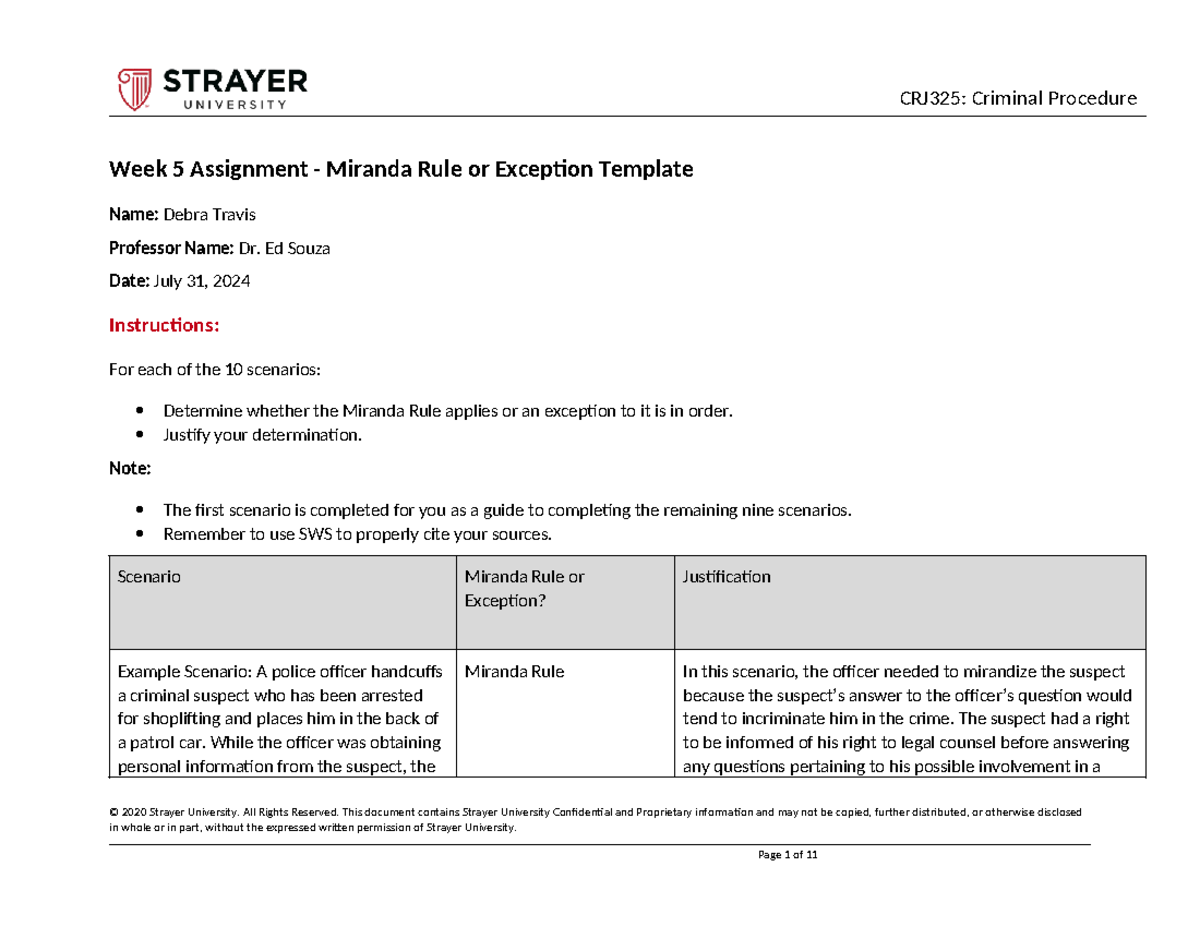 Week 5 Assignment: Miranda Rule & Exceptions Analysis (CJ 101) - Studocu
