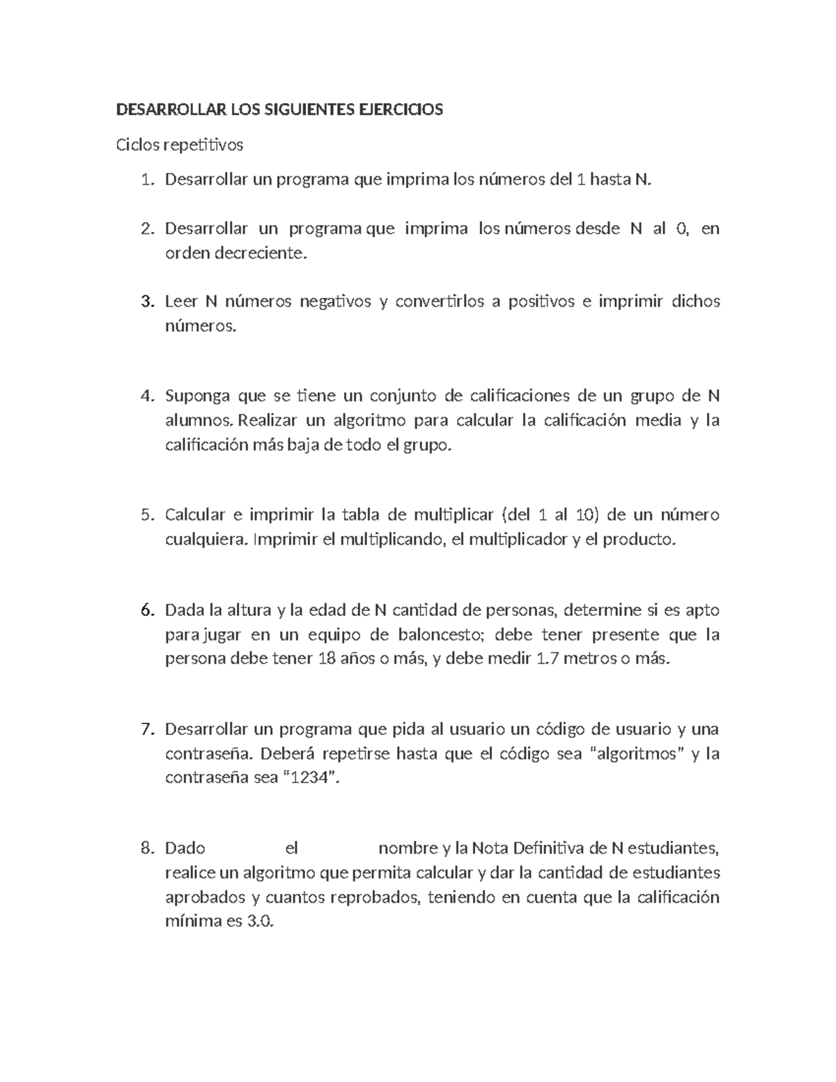 Ejercicios de Programación: Ciclos Repetitivos y Algoritmos - Studocu