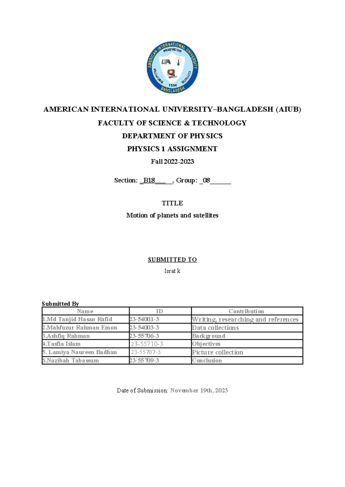 Motion Of Planets And Satellites - American International University 