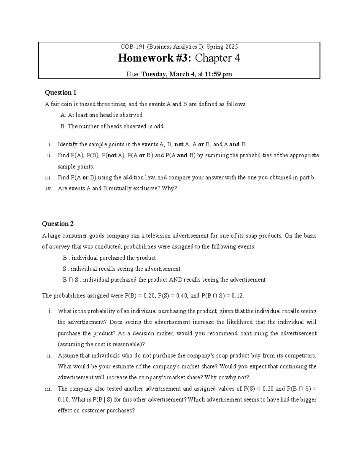 Business Analytics I: Spring 2025 HW#3 - Chapter 4 Analysis - Studocu
