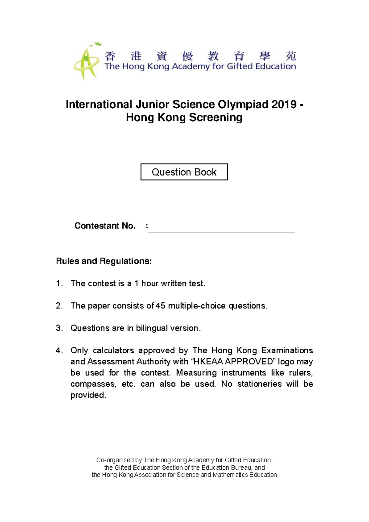 IJSO 2019-HK Screening Question Paper for Contestants - Studocu