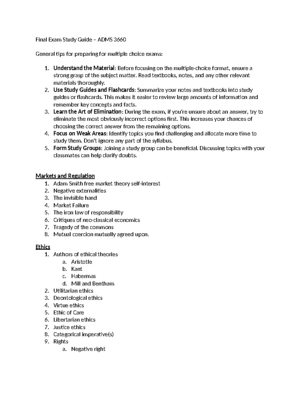 Final Exam Study Guide - ADMS 3660: Business Ethics & CSR Summary - Studocu