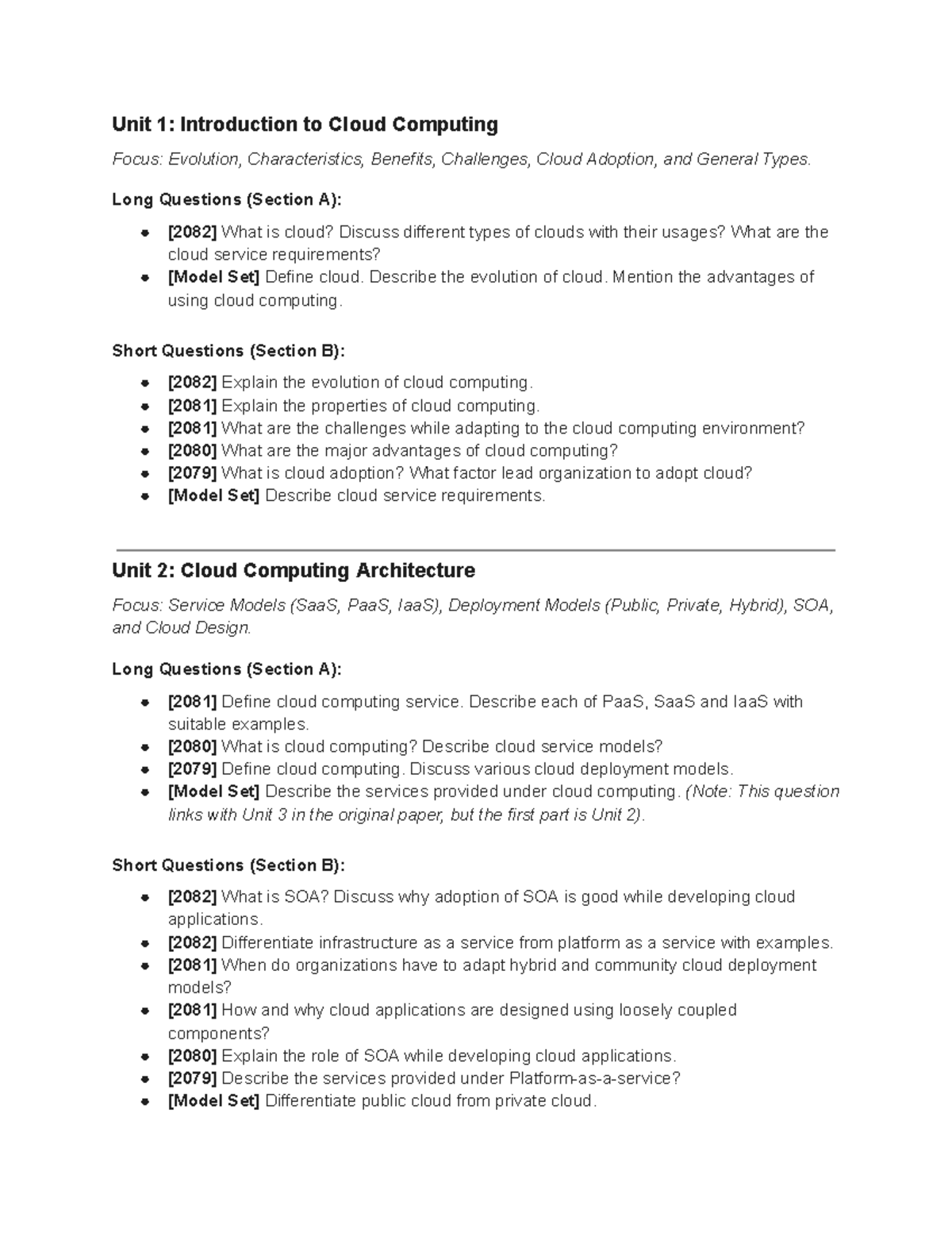 Unit-wise Questions for Cloud Computing (CC101) - Studocu