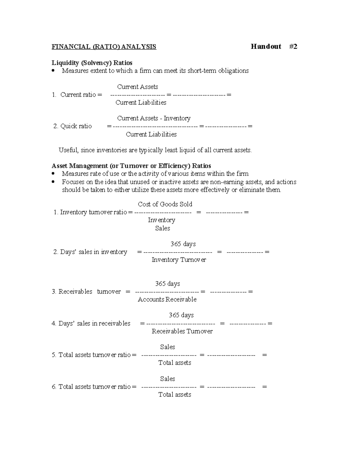 Handout #2: Financial Ratio Analysis for Liquidity, Profitability ...