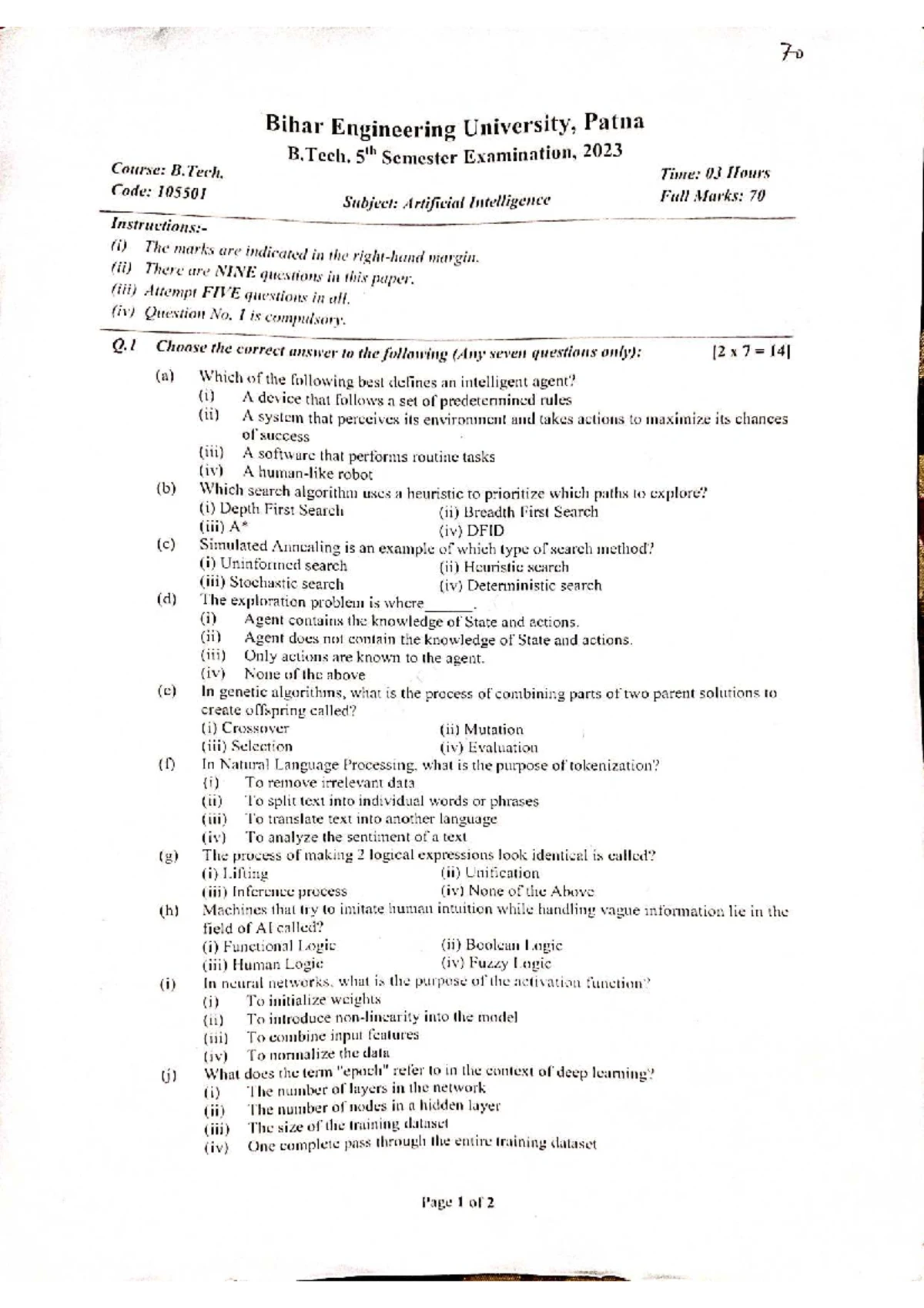 B. Tech 5th Sem AI End Semester Exam 2022 - Code 105501 - Studocu