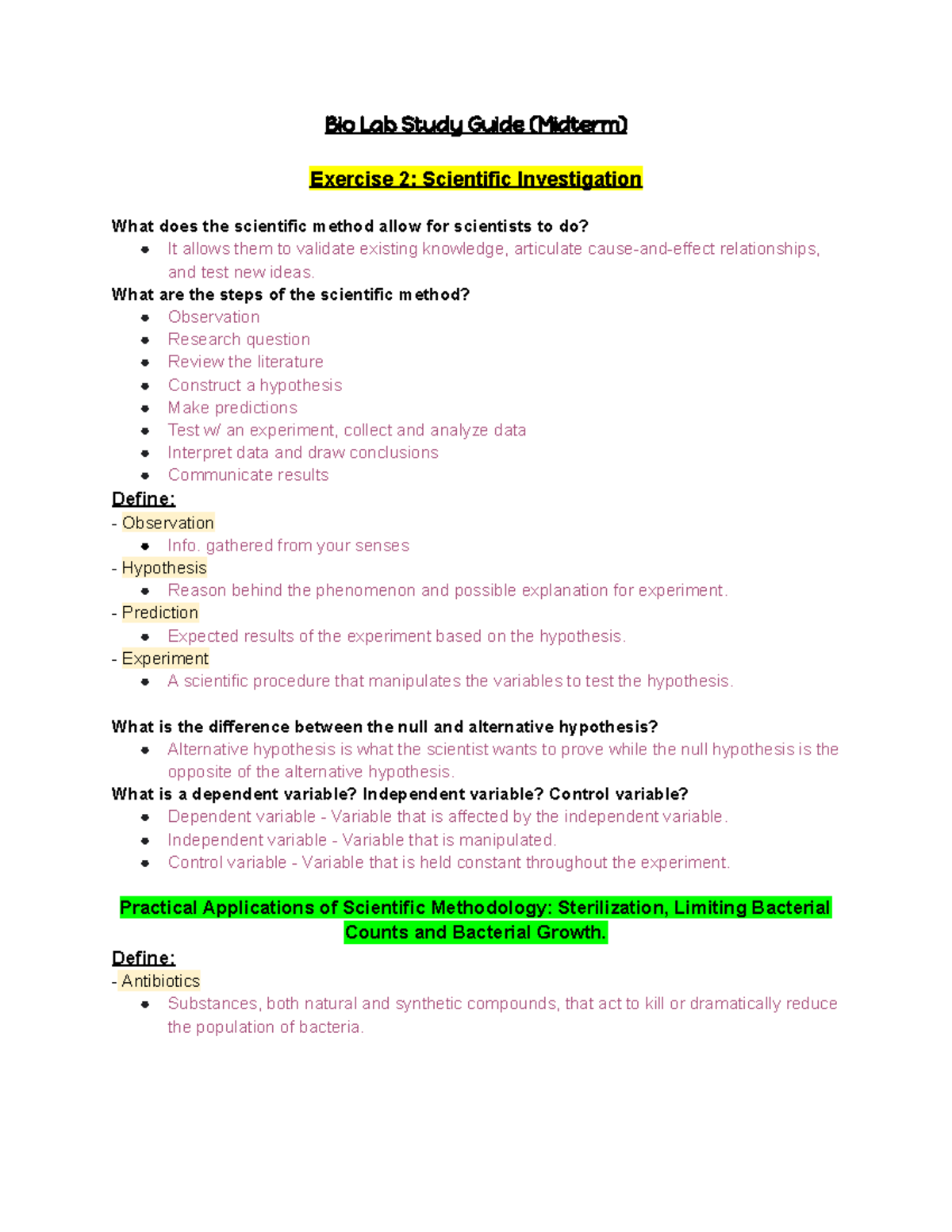 BSC 2011 L Midterm Study Guide - Bio Lab Study Guide (Midterm) Exercise ...