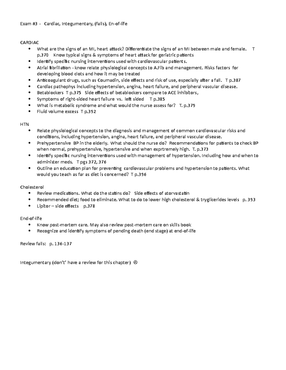 Exam 3 Review: Cardiac, Integumentary, Falls, End-of-Life Care - Studocu