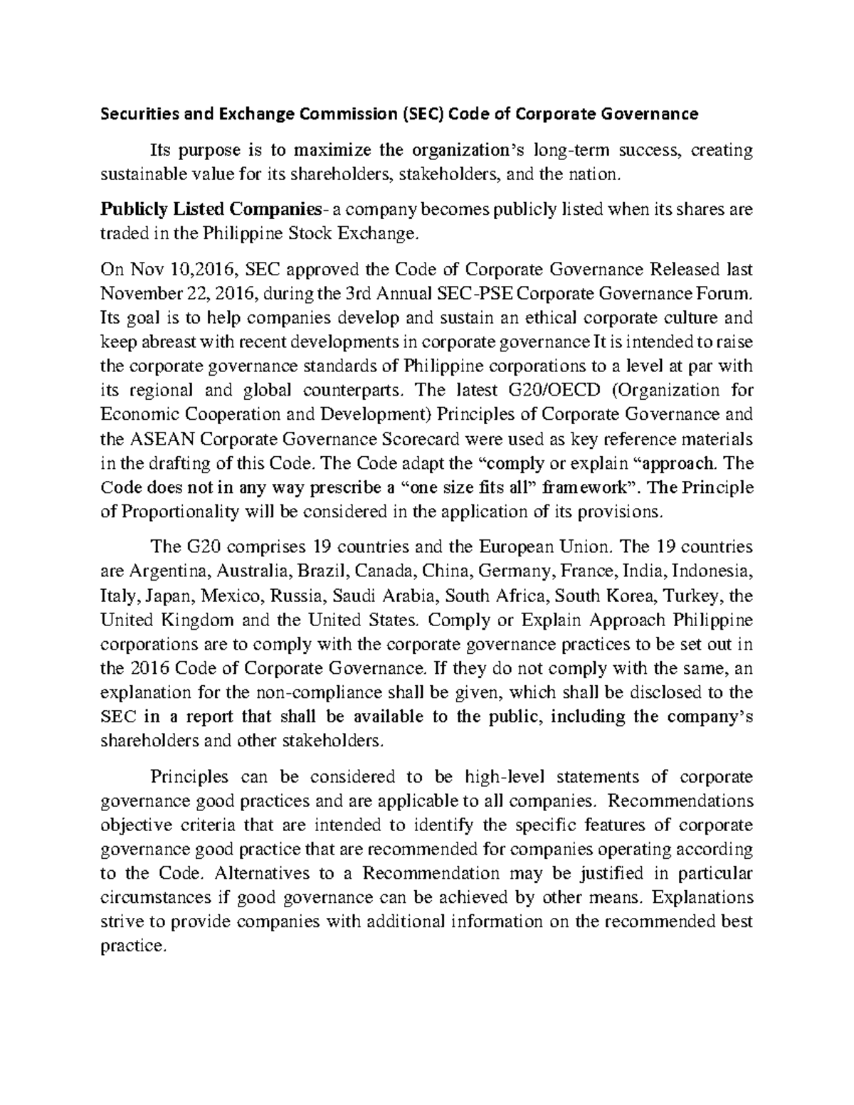 Securities and Exchange Commission (SEC) Code of Corporate Governance ...