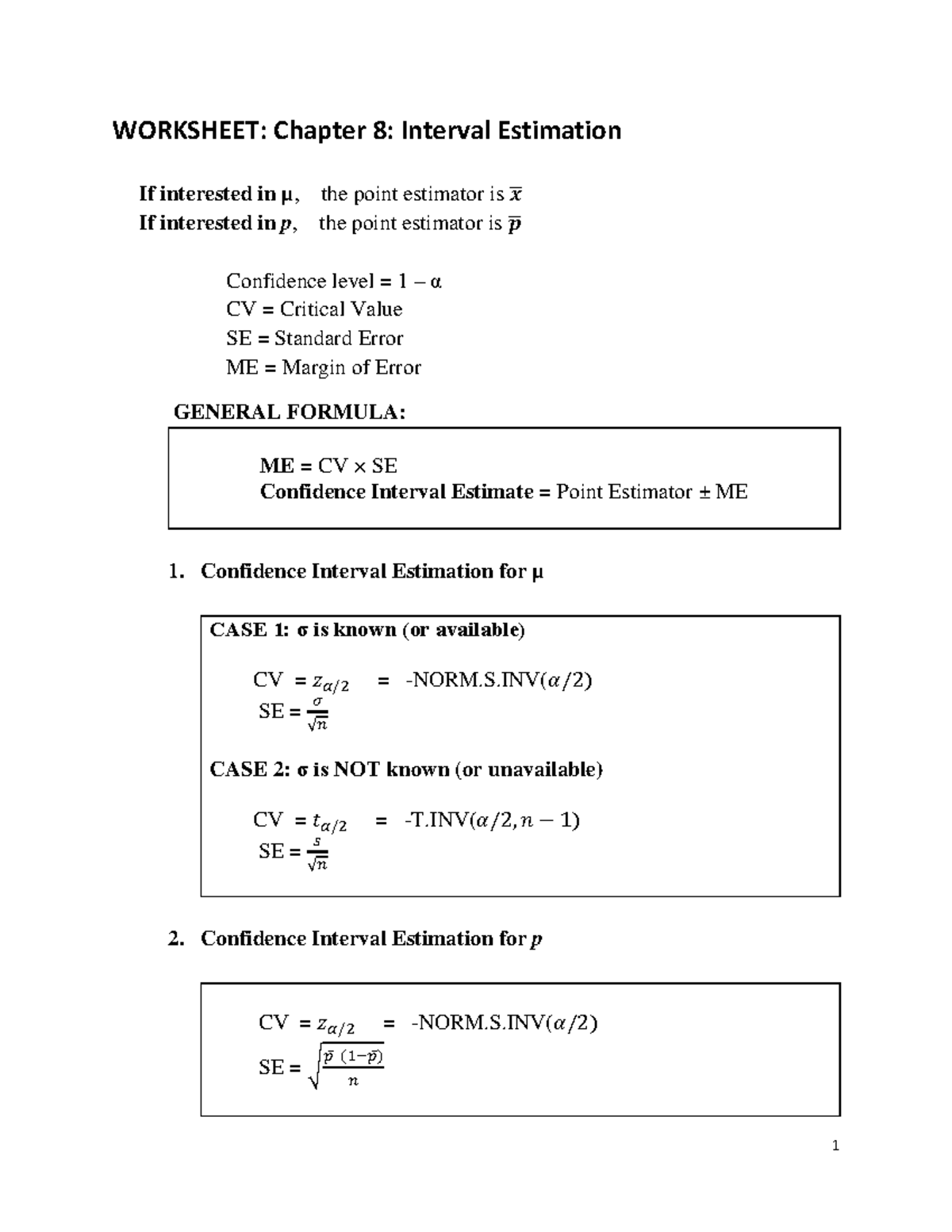 WORKSHEET: Ch. 8 Interval Estimation & Confidence Intervals - Studocu
