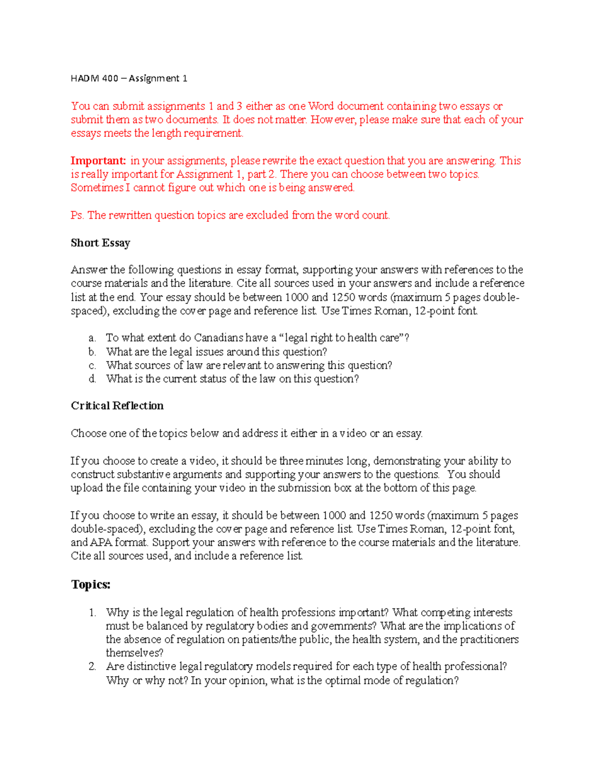 Assignment 1 - questions - HADM 400 – Assignment 1 You can submit ...
