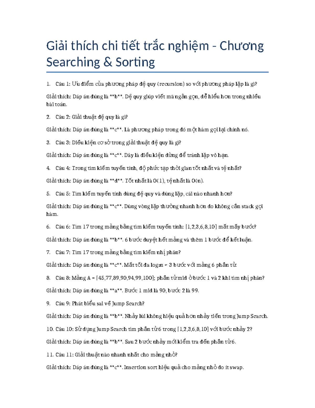 Giải thích chi tiết trắc nghiệm Chương Searching Sorting - CS101 - Studocu
