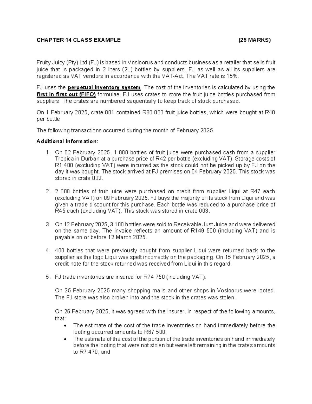 CHAPTER 14 CLASS EXAMPLE: Fruity Juicy (Pty) Ltd Case Study - Studocu