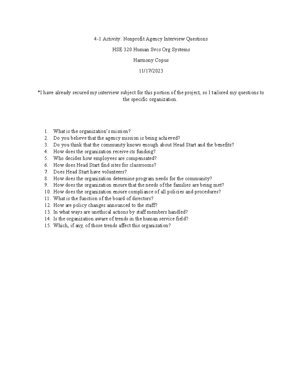 HSE 320 Nonprofit Agency Interview Questions for Project Activity - Studocu