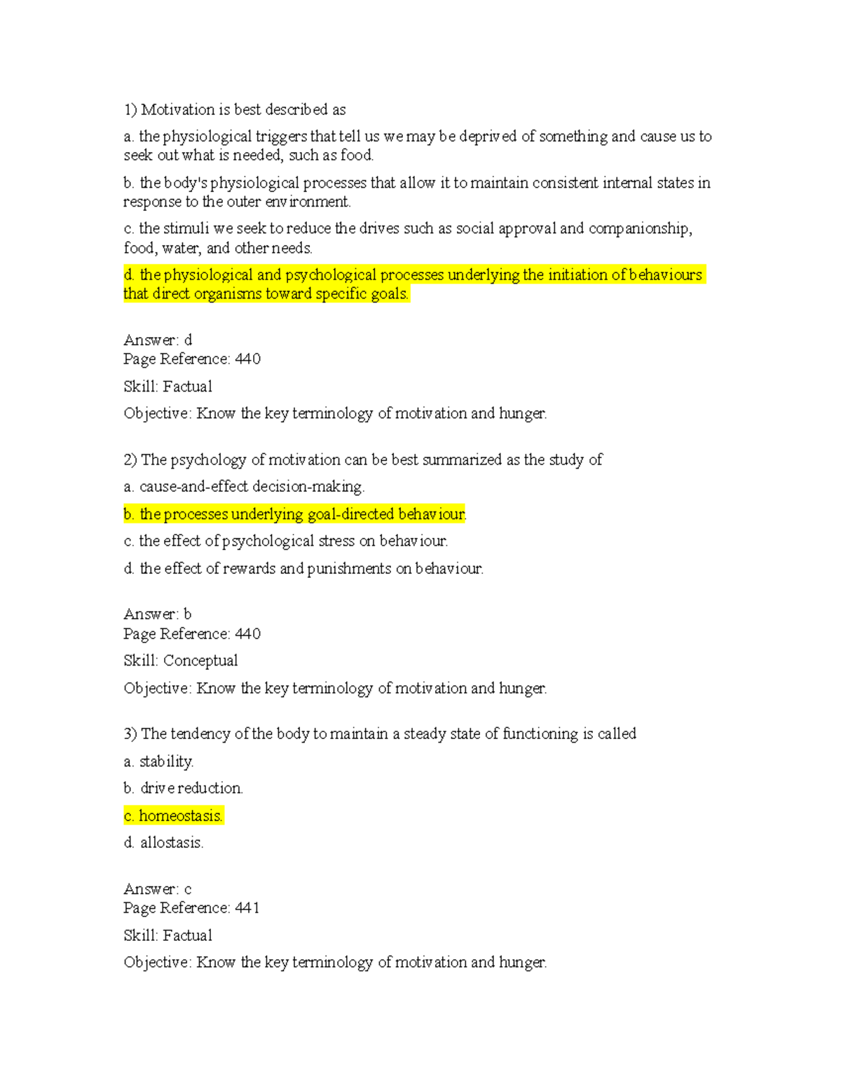 Chapter 11 Psychology of Motivation & Hunger - MCQs-TIF - Studocu