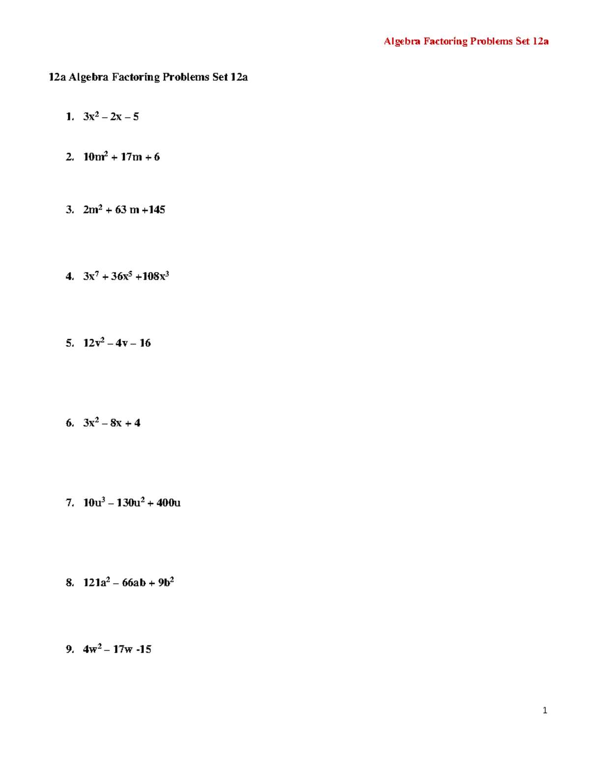 Algebra factoring problems set 12a: practice exercises and solutions ...