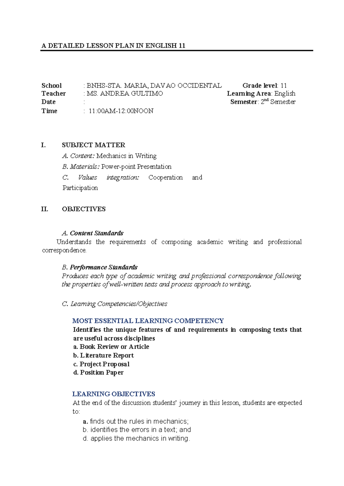 Detailed Lesson Plan on Writing Mechanics for Eng 11 - Studocu