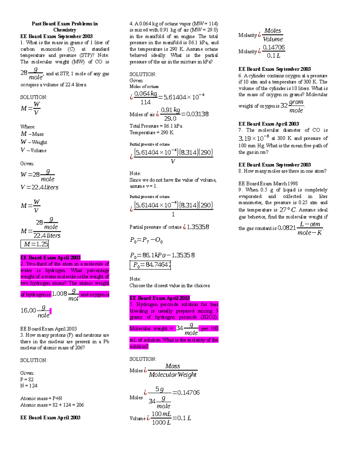 Past EE Board Exam Problems in Chemistry - September & April 2003 - Studocu