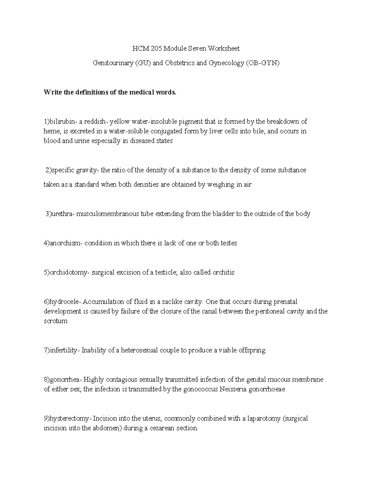 HCM 205 Module Seven Worksheet on Genitourinary & OB-GYN Terms - Studocu
