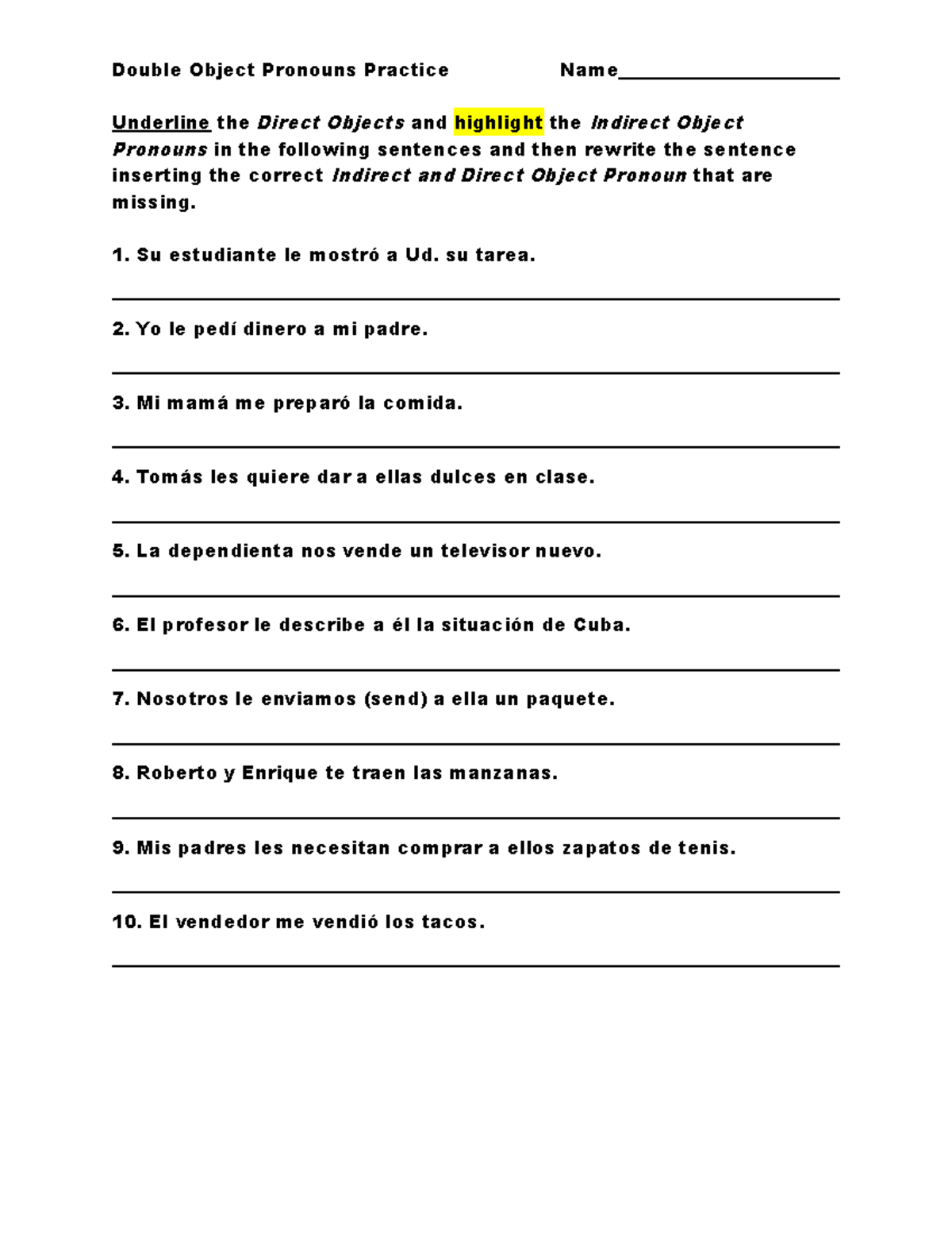 Double Object Pronouns Practice Exercises & Solutions - Studocu