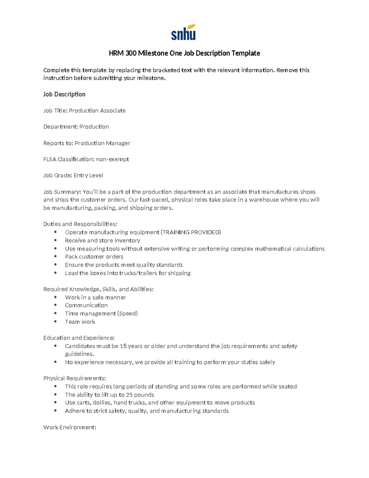 HRM 300 Milestone One Job Description Template for Production Associate ...