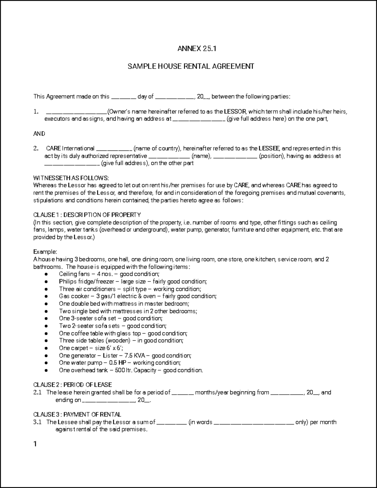 Rental Lease Agreement - ANNEX 25. SAMPLE HOUSE RENTAL AGREEMENT This ...