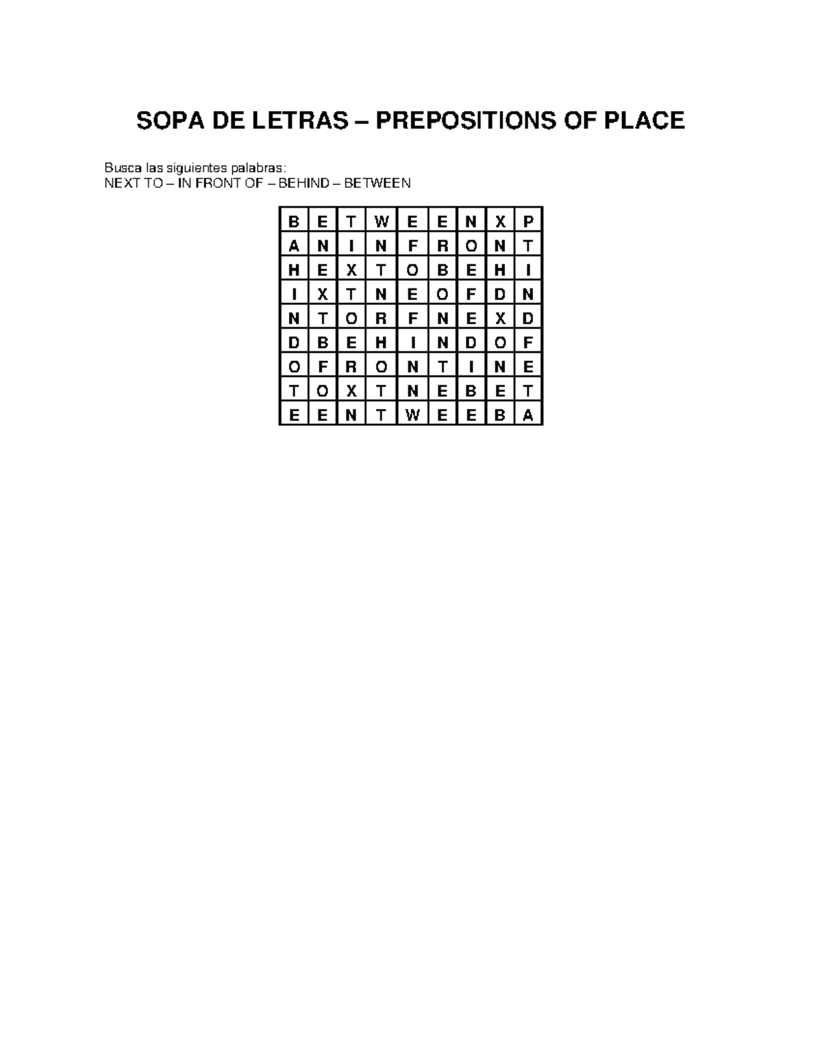 Sopa de letras prepositions of place - ingles - SOPA DE LETRAS ...