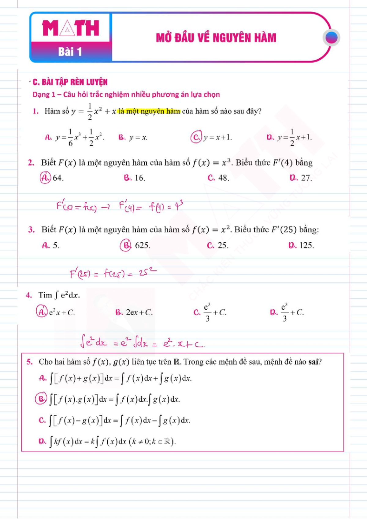 MATH MÓ DÂU VÊ NGUYÊN HÀM - Bài Tập Rèn Luyện MC1 - Studocu