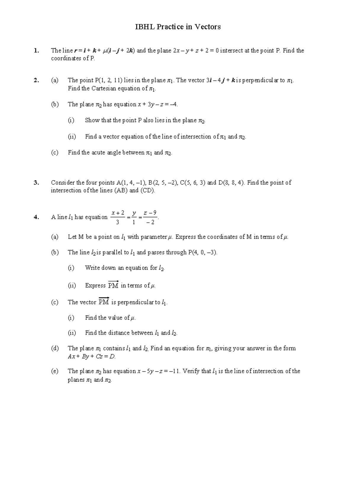 IBHL Practice Vectors: Intersection of Lines and Planes - Studocu