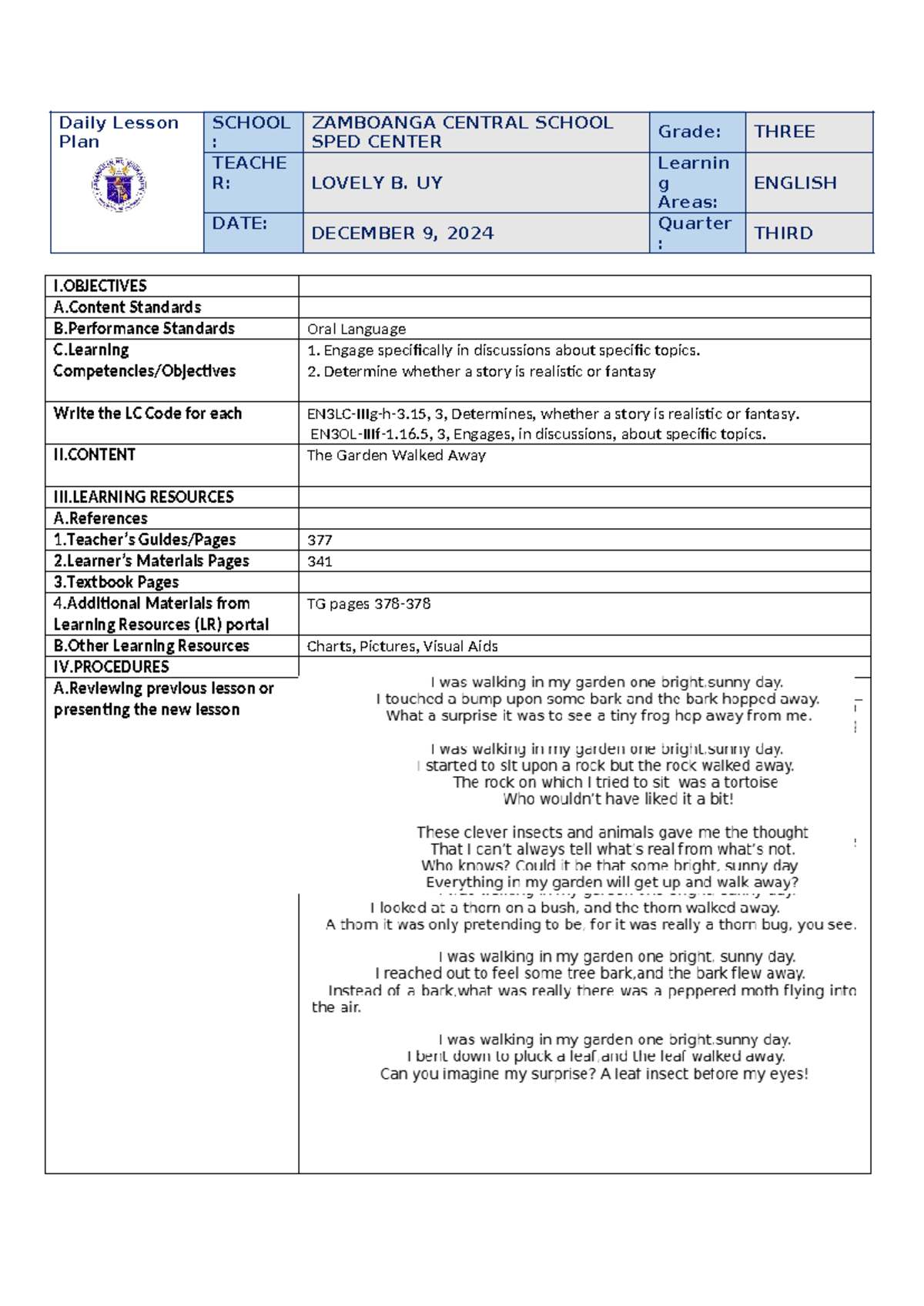 LP in english week 2 3rd quarter - Daily Lesson Plan SCHOOL : ZAMBOANGA ...
