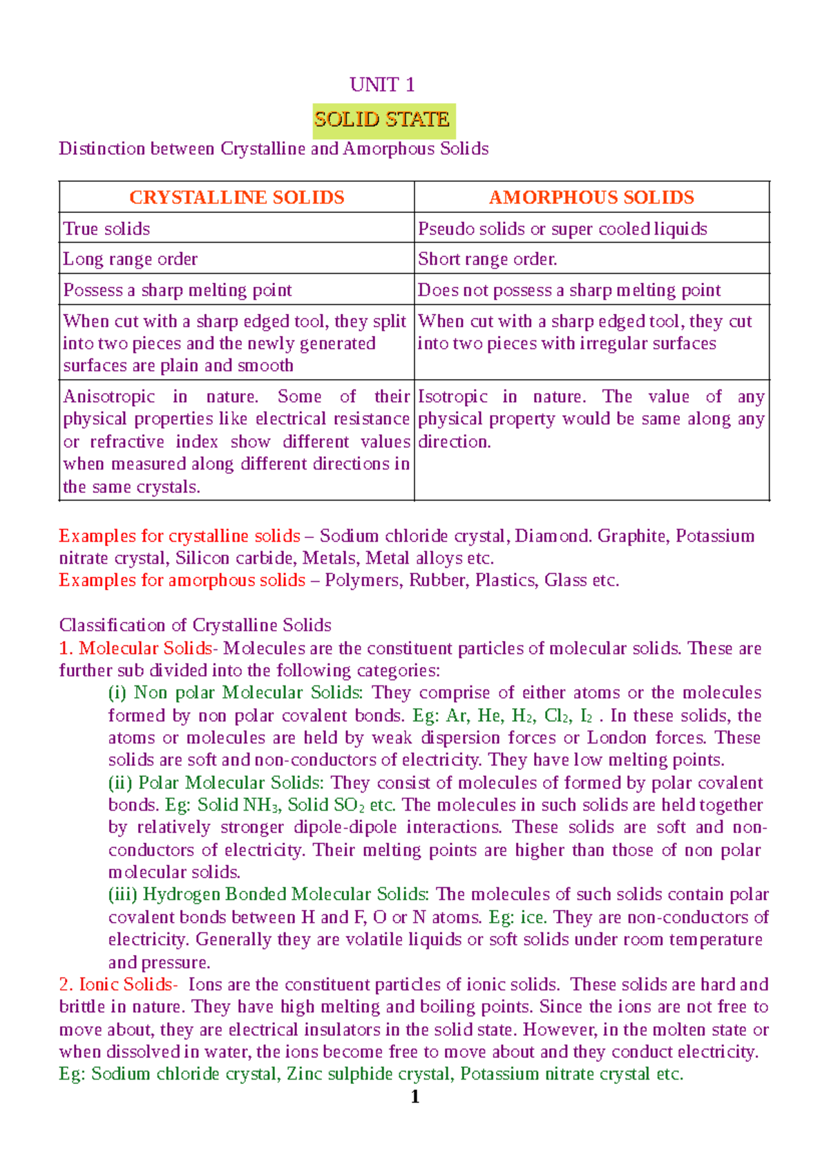 UNIT 1: Solid State - Crystalline vs Amorphous Solids Notes - Studocu