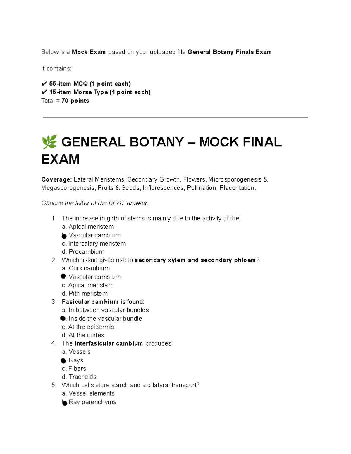 General Botany (BIO 101) Mock Final Exam Review Guide - Studocu