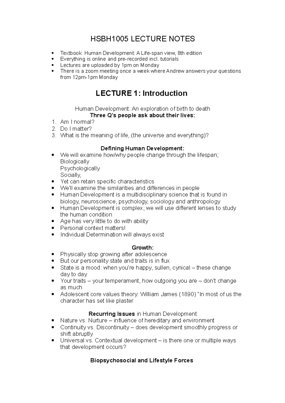 HSBH1005 Human Development Lecture Notes: Key Concepts & Insights - Studocu