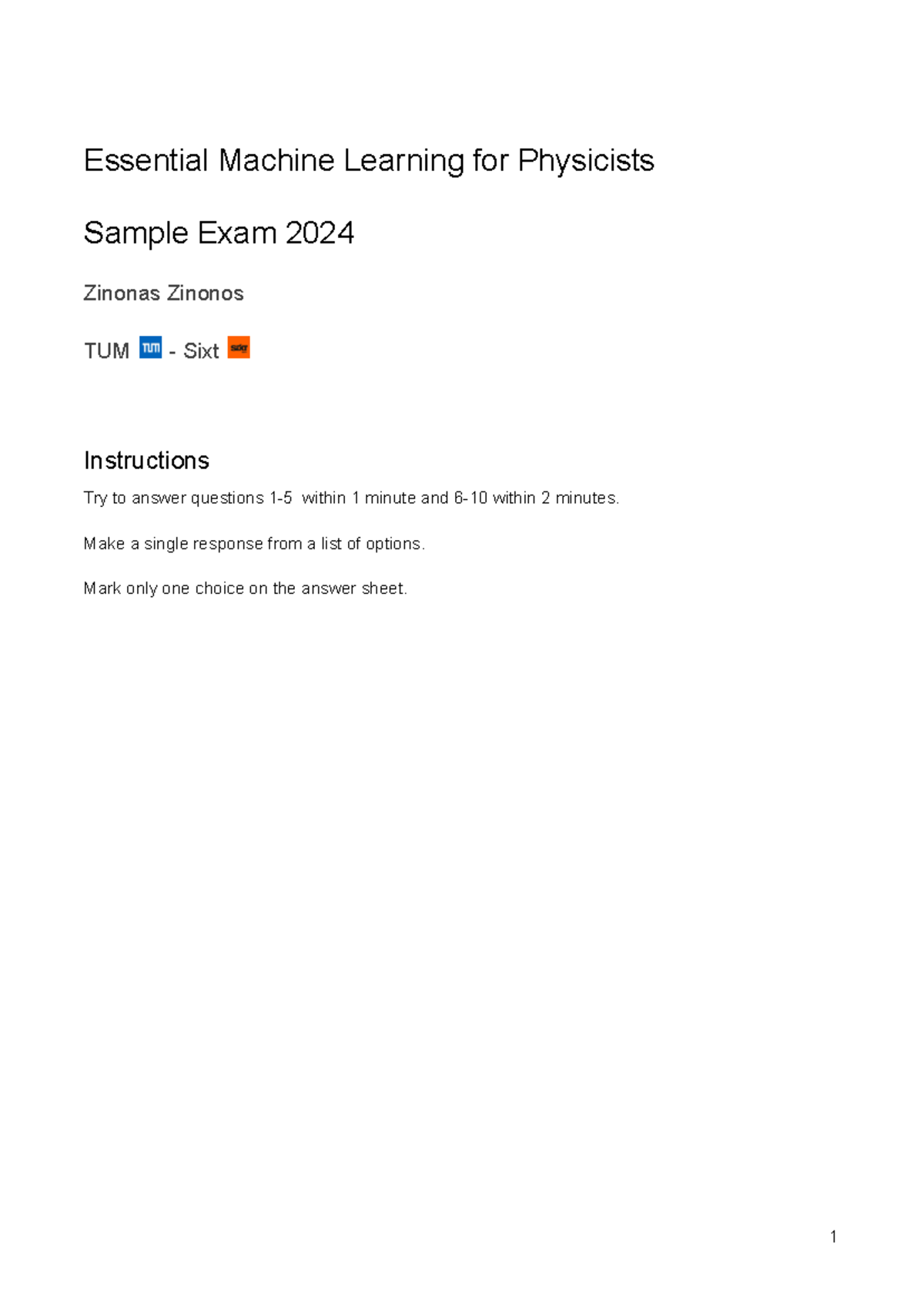 Essential Machine Learning for Physicists Sample Exam 2024 (TUM Sixt ...
