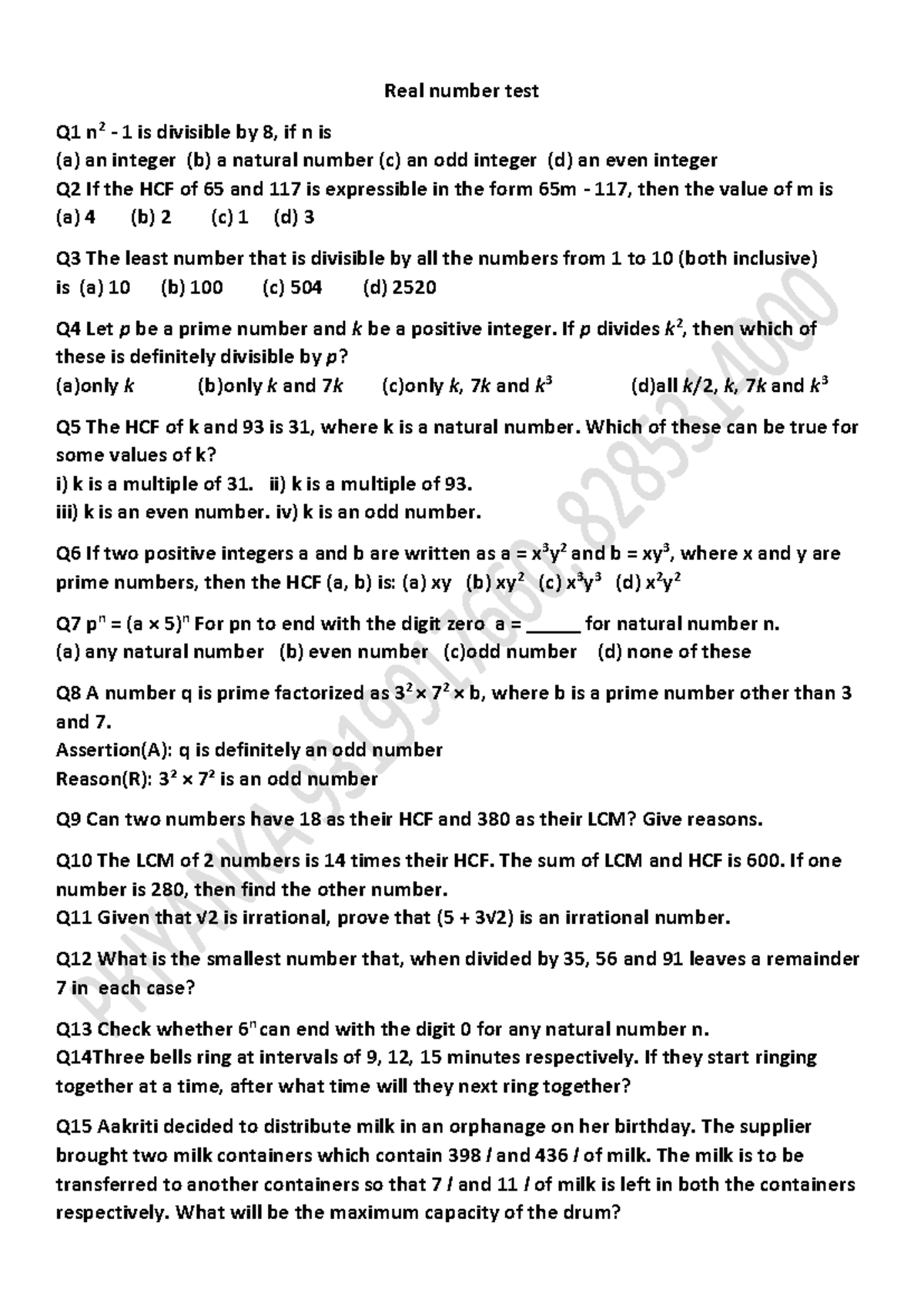 Real Number Test Q1-Q15: Divisibility and HCF/LCM Problems - Studocu