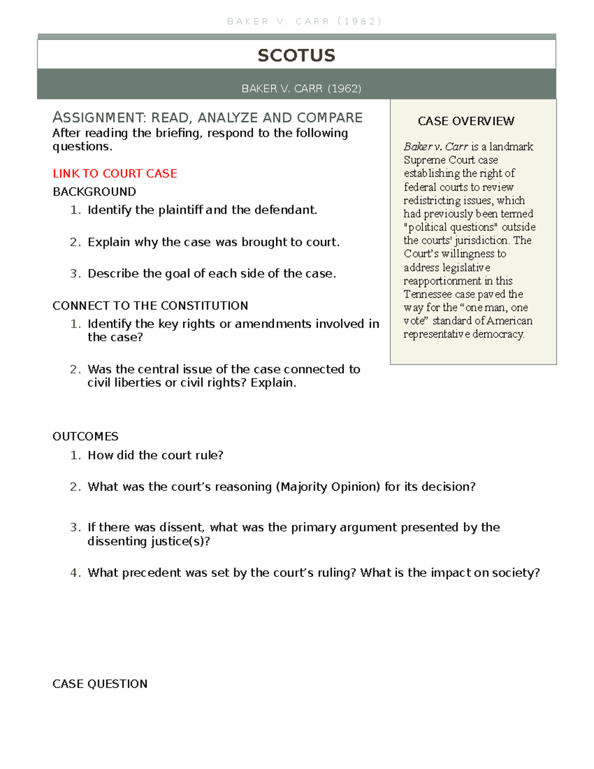 Baker v wefqwr ASSIGNMENT READ ANALYZE AND COMPARE After reading the briefing respond to the Studocu