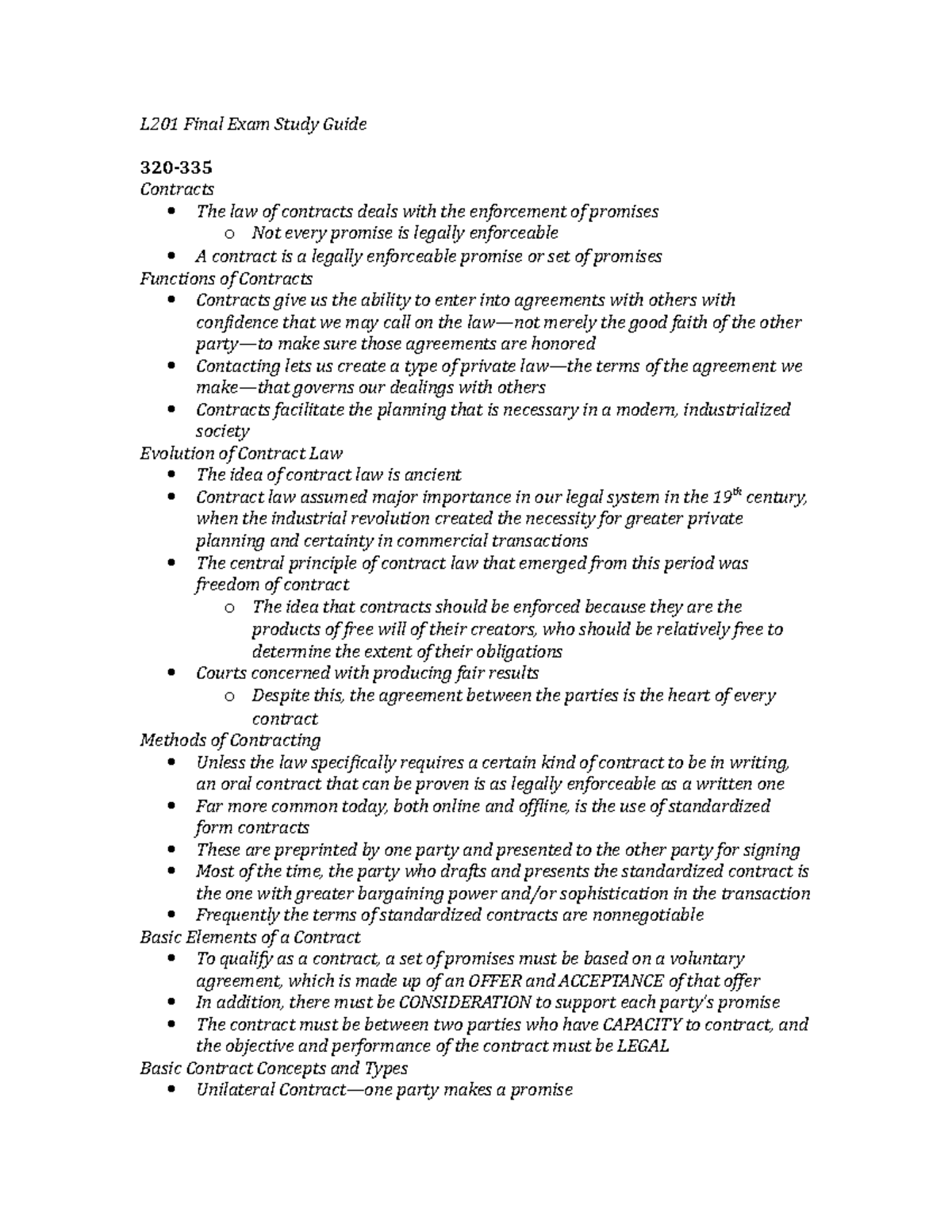 L201 Final Exam Study Guide: Essential Concepts of Contracts - Studocu
