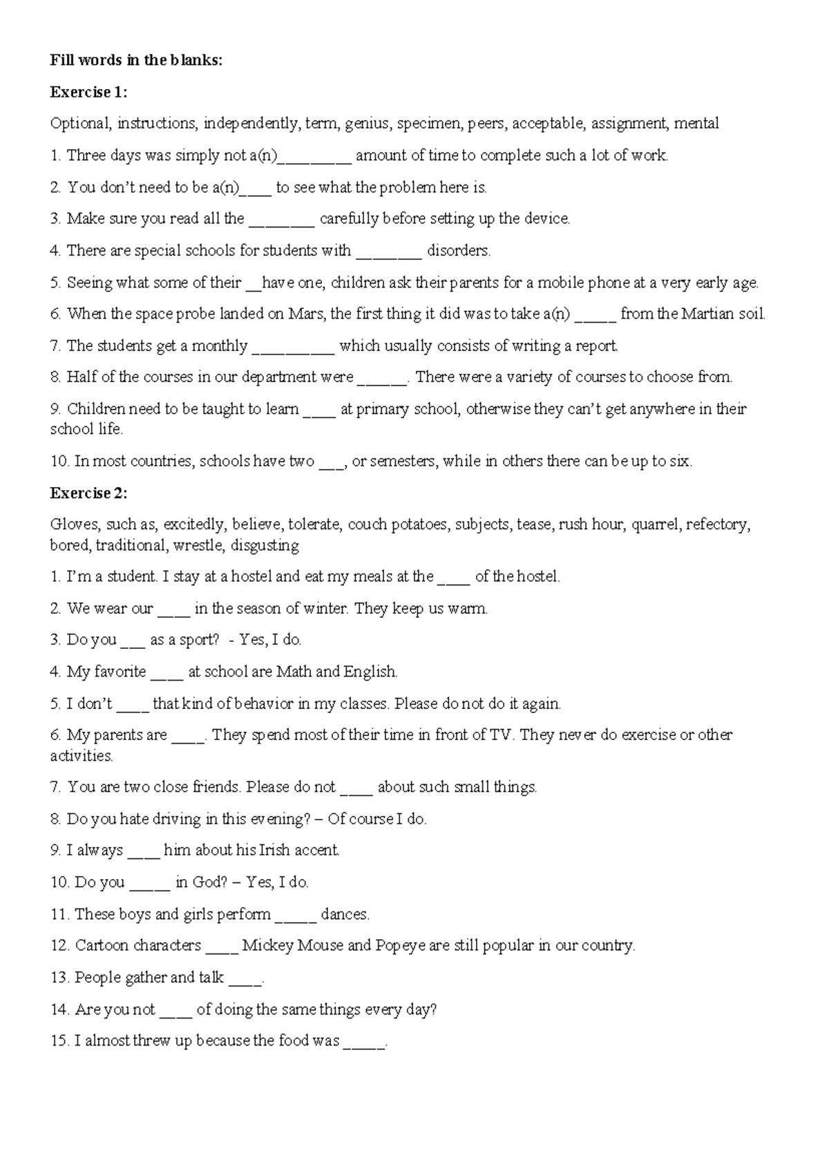 Fill in the Blanks Exercise: Vocabulary Practice - Studocu