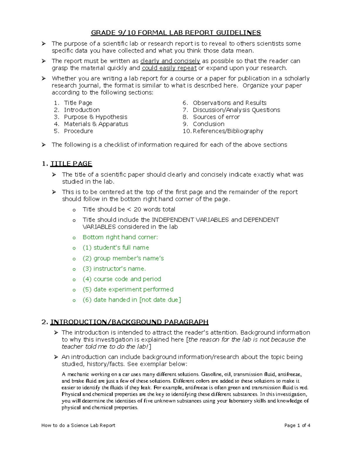 Grade 9-10 Formal Lab Report Guidelines: Structure & Requirements - Studocu