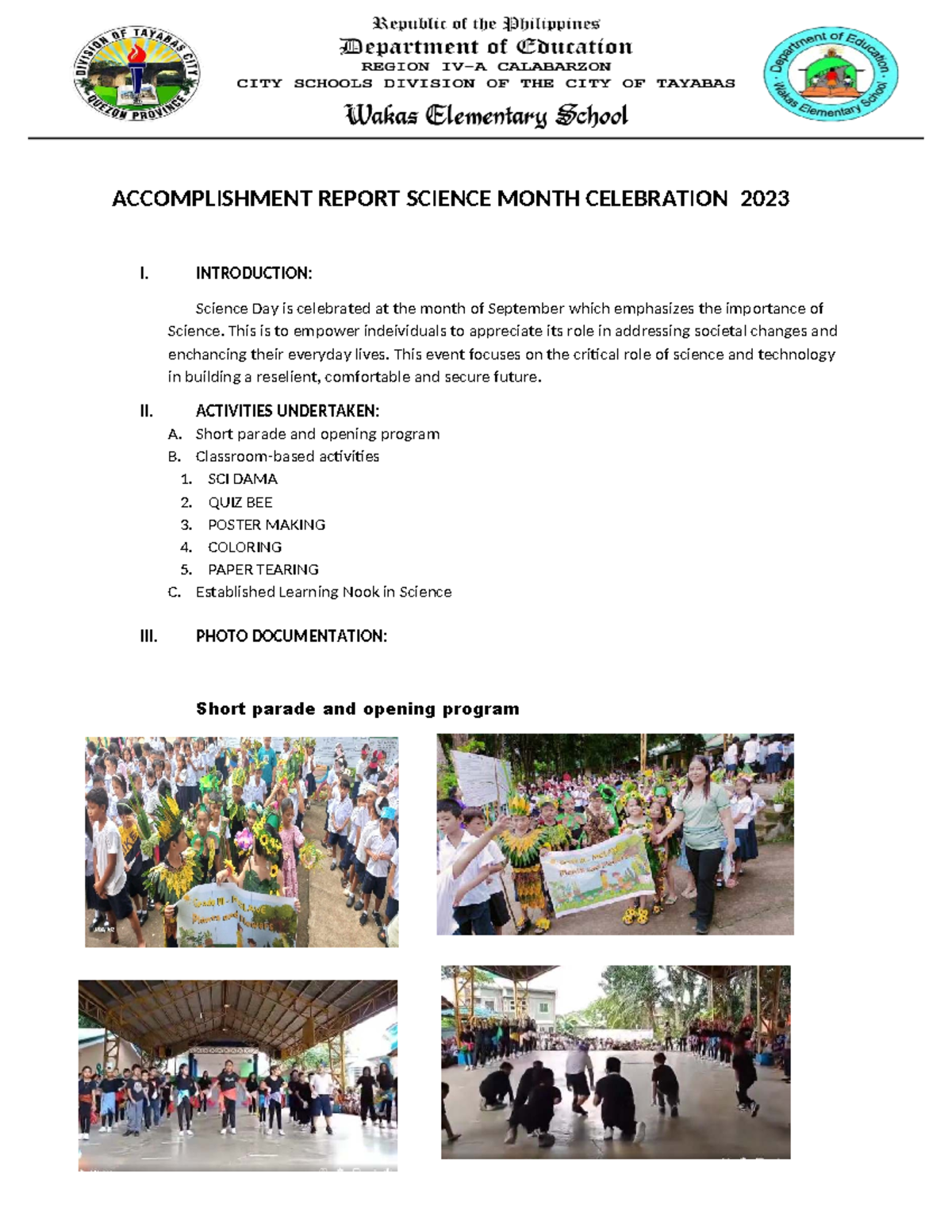 Accomplishment Report: Science Month Celebration 2023 - Studocu