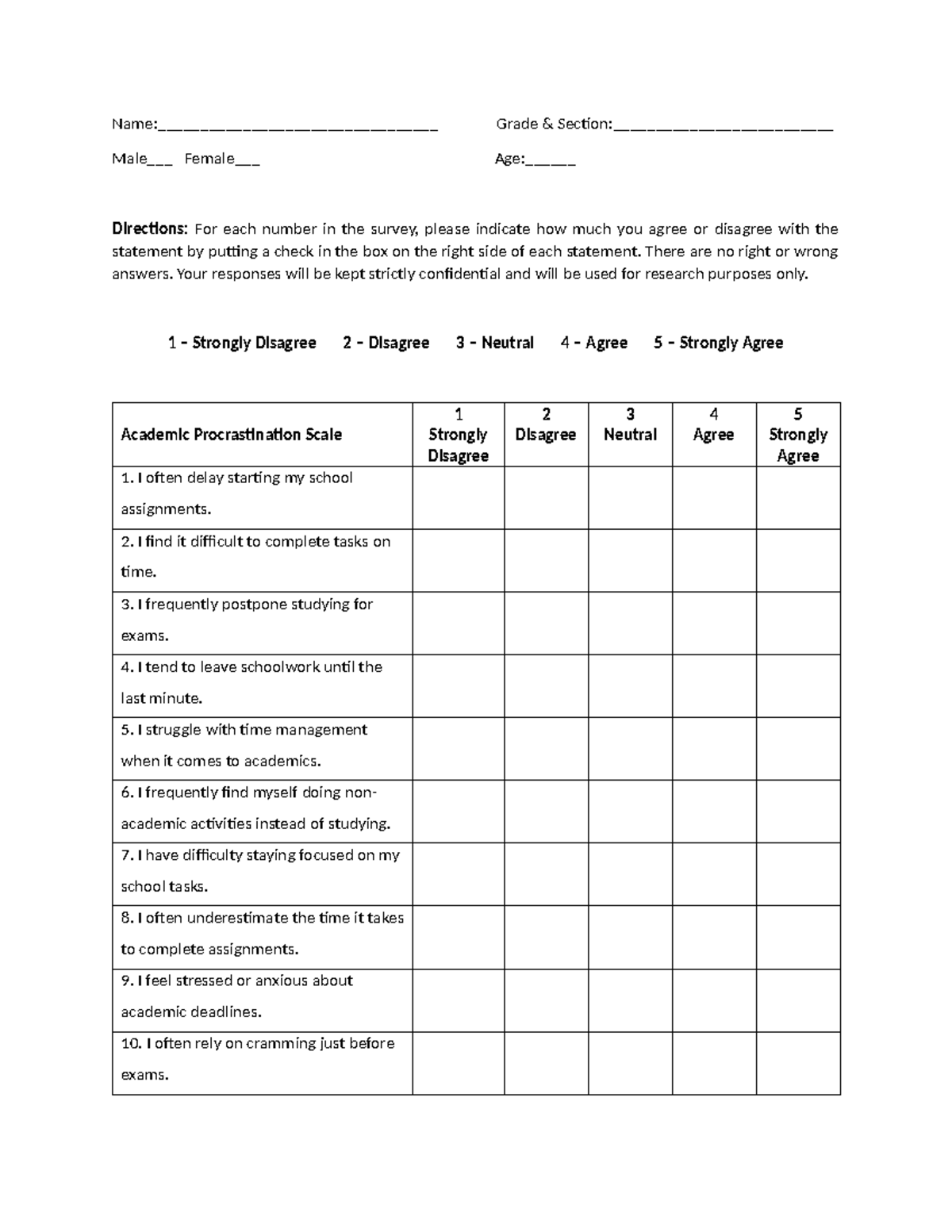 Academic Procrastination Scale Survey Questionnaire - Studocu