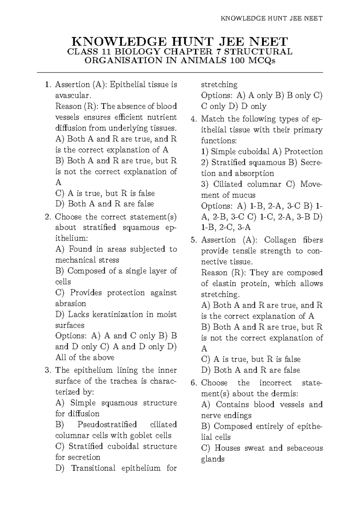 Class 11 Biology Chapter 7: Structural Organisation in Animals - 100 ...
