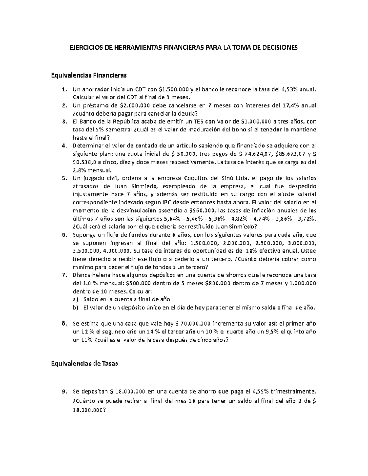 Ejercicios de Herramientas Financieras para la Toma de Decisiones - Studocu