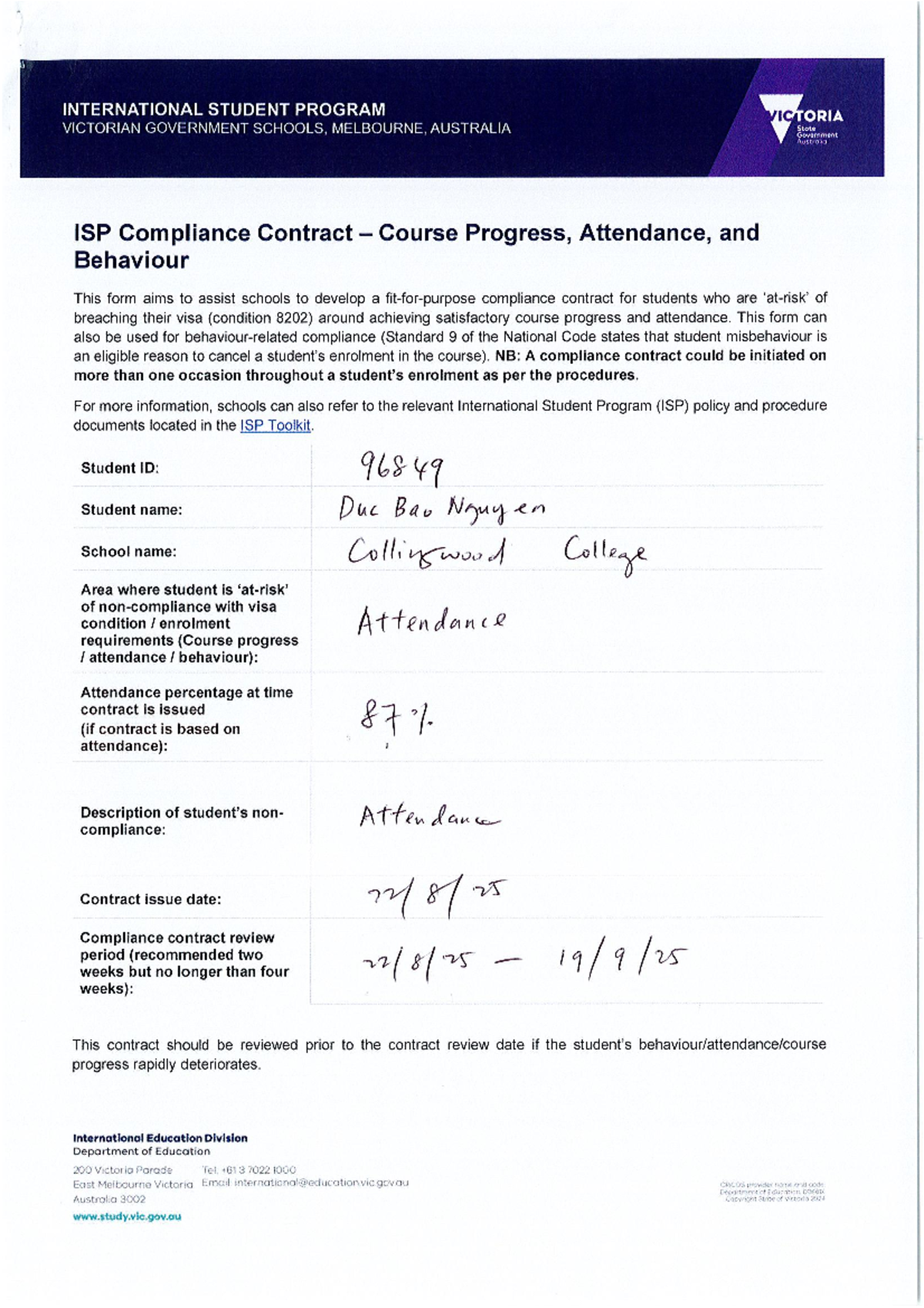 ISP Compliance Contract for Duc Bau Nguyen - Attendance & Progress ...