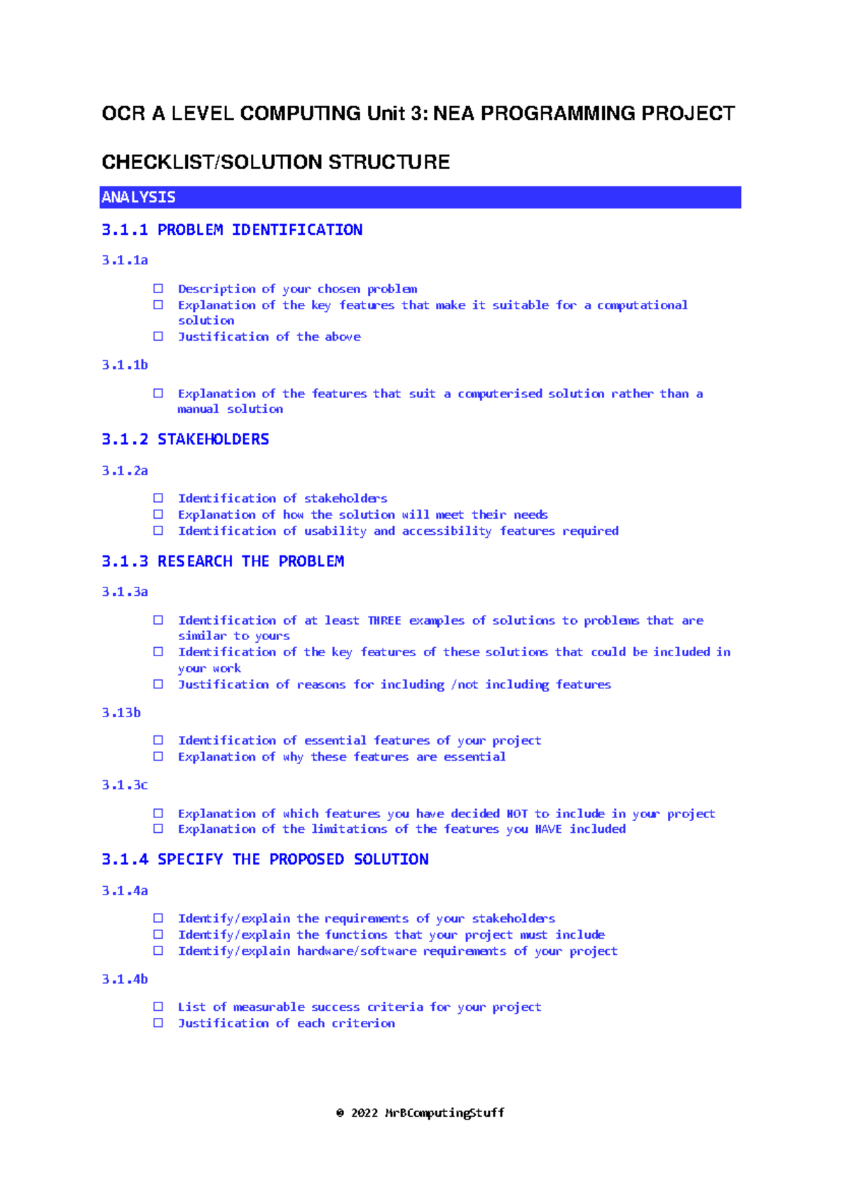 OCR A LEVEL COMPUTING Unit 3: NEA Programming Project Structure Notes ...