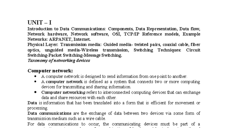 CN UNIT 1 - Introduction to Data Communications and Physical Layer ...