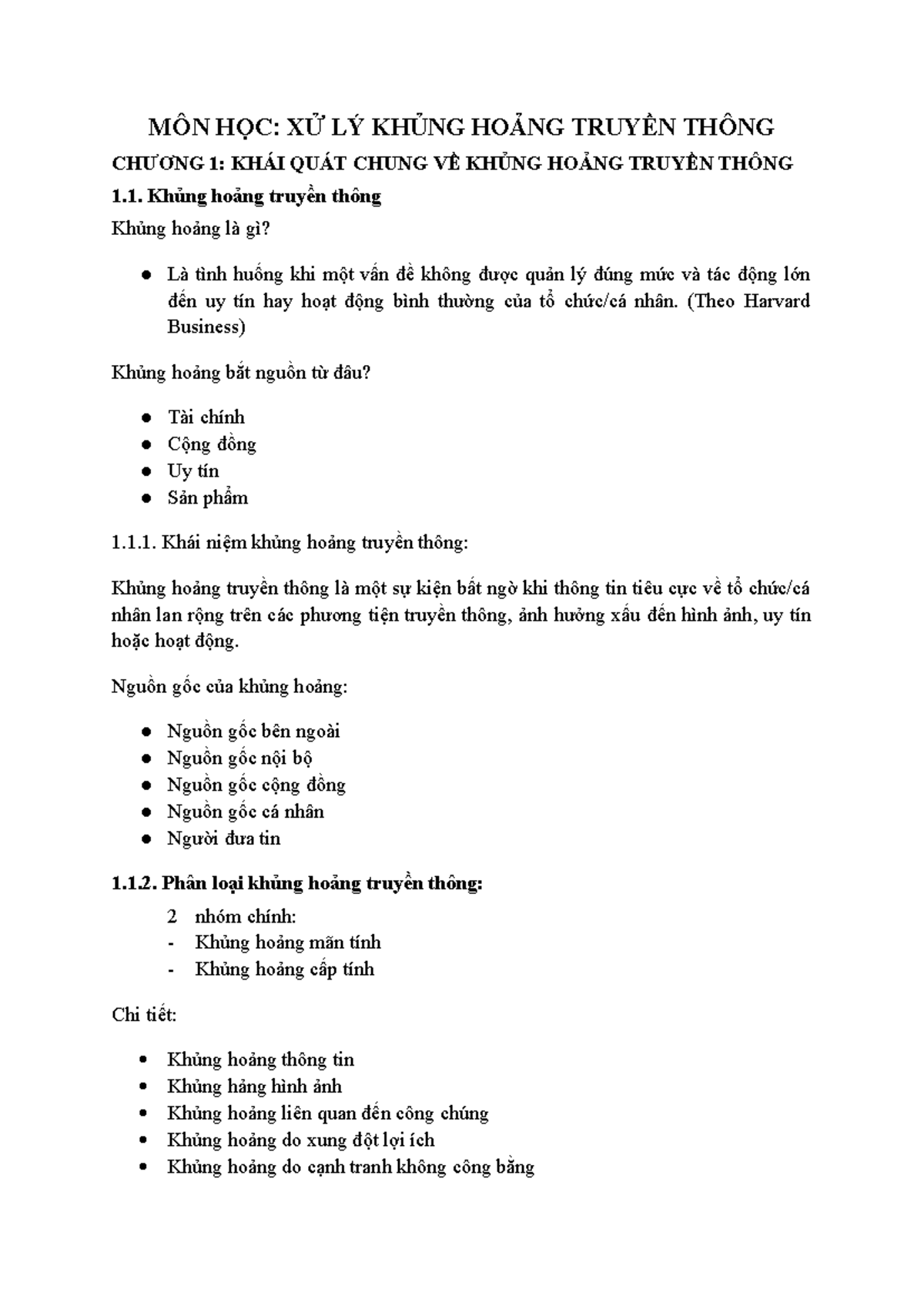 TÀI LIỆU KHTT - XỬ LÝ KHỦNG HOẢNG TRUYỀN THÔNG CHƯƠNG 1 - Studocu