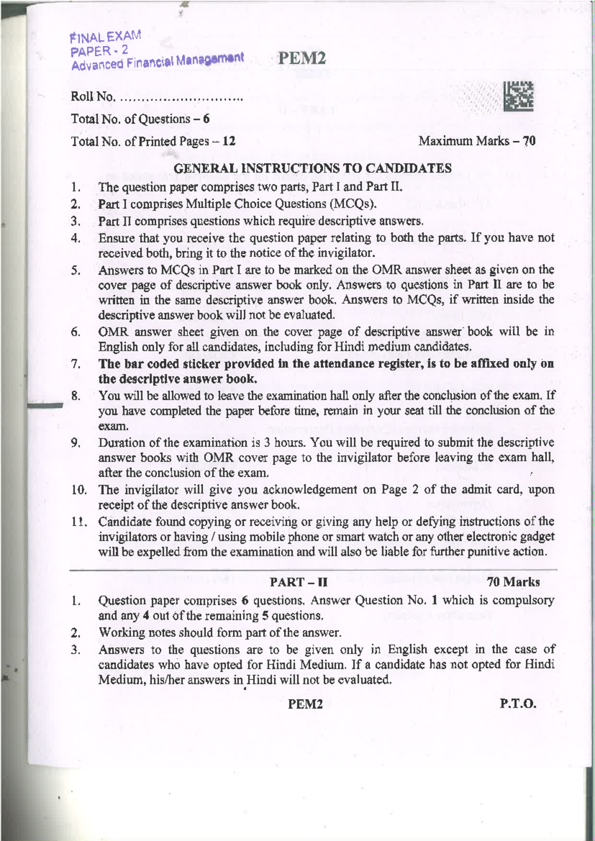 FINAL EXAM PAPER: Advanced Financial Management PEM2 - Studocu